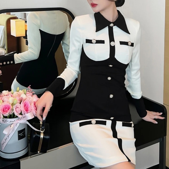 Elegant Black and White Button-Up Dress - Picture 6 of 16